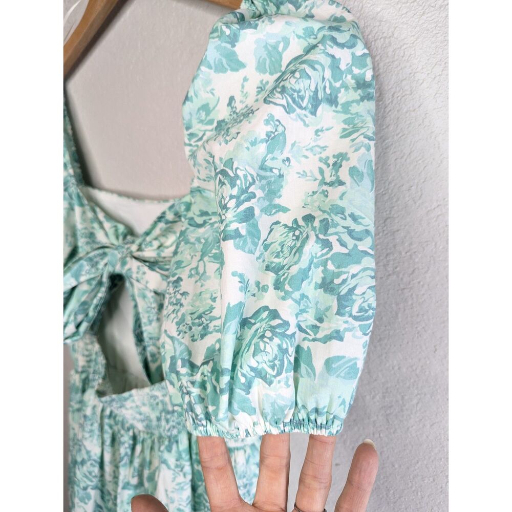 NWT White Green Floral Cottage Coquette Boutique Dress Sz M Puff Sleeve Bow - Picture 4 of 12